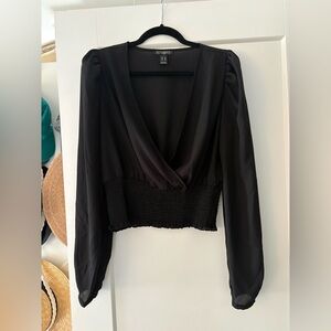 Black Long-Sleeve Smocked Waist Top